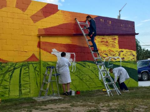 Image of students painting a mural on ladders